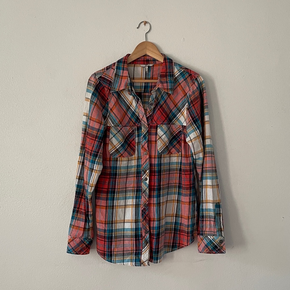 BKE Button Up Shirt Long Sleeve Classic Plaid Cotton Western